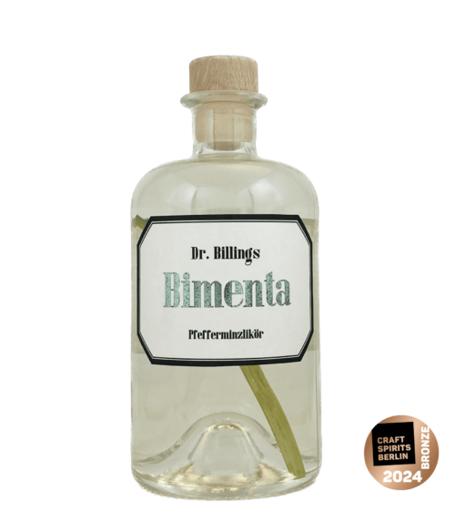 Produktbild von Dr. Billings-Pfefferminzlikör. Klare Apothekerflasche mit hellem Etikett und Mintgrüner Beschriftung.